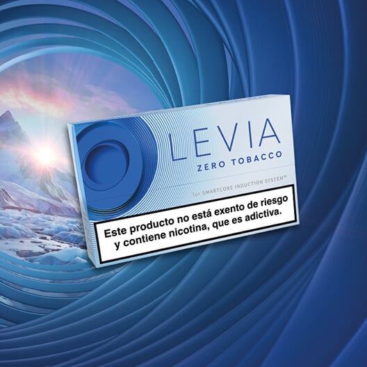 Nuevo LEVIA BLUE, imagen del paquete con un fondo en espiral y un cielo