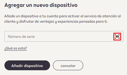 Localización del icono del código de barras dentro del campo "número de serie" a la derecha